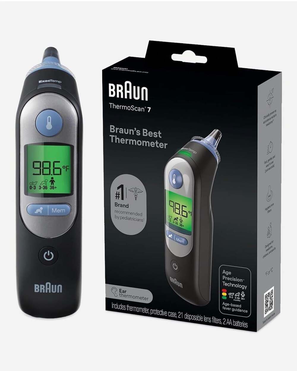 Braun ThermoScan 7 Ear Thermometer with Age Precision Technology, Black